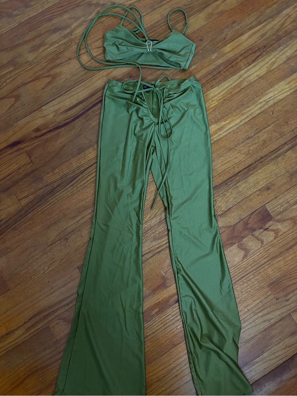 Fashion Nova Olive Green Flared Pants with Tie Waist